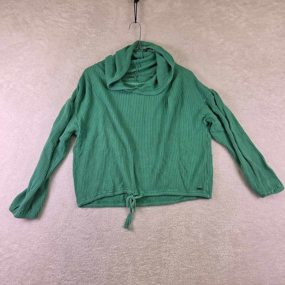 ONeill Womens Green Waffle Knit Cowl Neck Hoodie Drawstring Hem Thermal Top